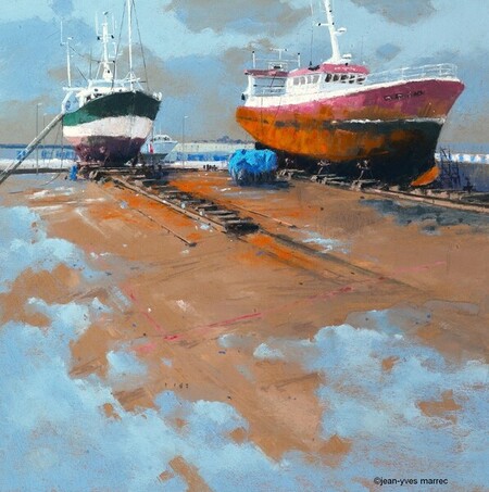 "Chantier naval 1" pastel sec 50x50 cm encadr&eacute; en caisse am&eacute;ricaine disponible &agrave; mon atelier