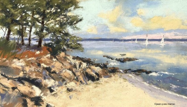 "Voiliers vers Beg Meil" pastel sec  36x21 cm (encadr&eacute; 49x34 cm)
