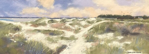 "Dans les dunes je r&ecirc;ve !" pastel sec 49x18 cm (encadr&eacute; 62x31 cm) disponible &agrave; mon atelier