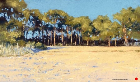 "Soleil couchant sur la plage d'Arès" pastel sec 36x21 cm   VENDU