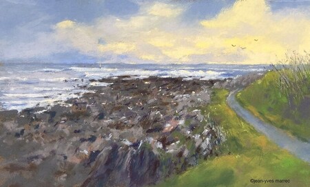 "Sainte Marine bord de mer" pastel sec 36x21 cm (encadr&eacute; 49x34 cm) Disponible &agrave; la galerie Signatures