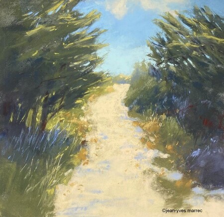 "Au bout du sentier l'oc&eacute;an" pastel sec 26x26 cm (encadr&eacute; 40x40 cm) Disponible &agrave; la galerie Signatures