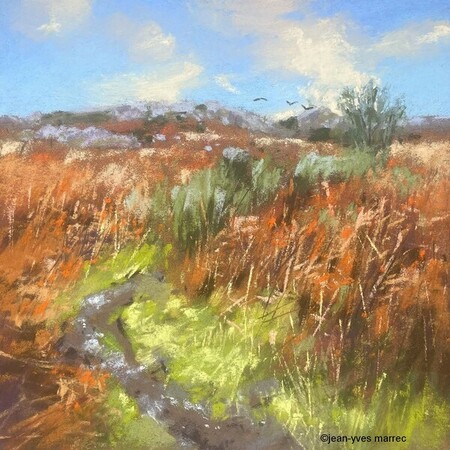 "Les Monts d'Arr&eacute;e ensoleill&eacute;s" pastel sec 22x22 cm (encadr&eacute; 35x35 cm) Disponible &agrave; mon atelier