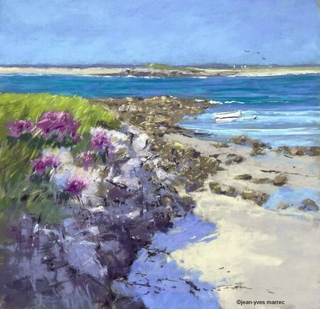 "Girofl&eacute;es dans les rochers" pastel sec 35x35 cm (encadr&eacute; 50x50 cm) disponible &agrave; la galerie Signatures